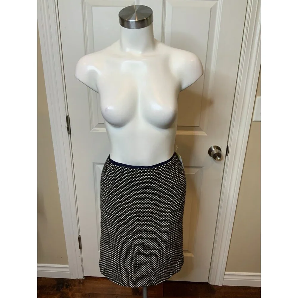 Tory Burch Navy Blue, White & Gold Metallic Tweed Pencil Skirt, Size 6